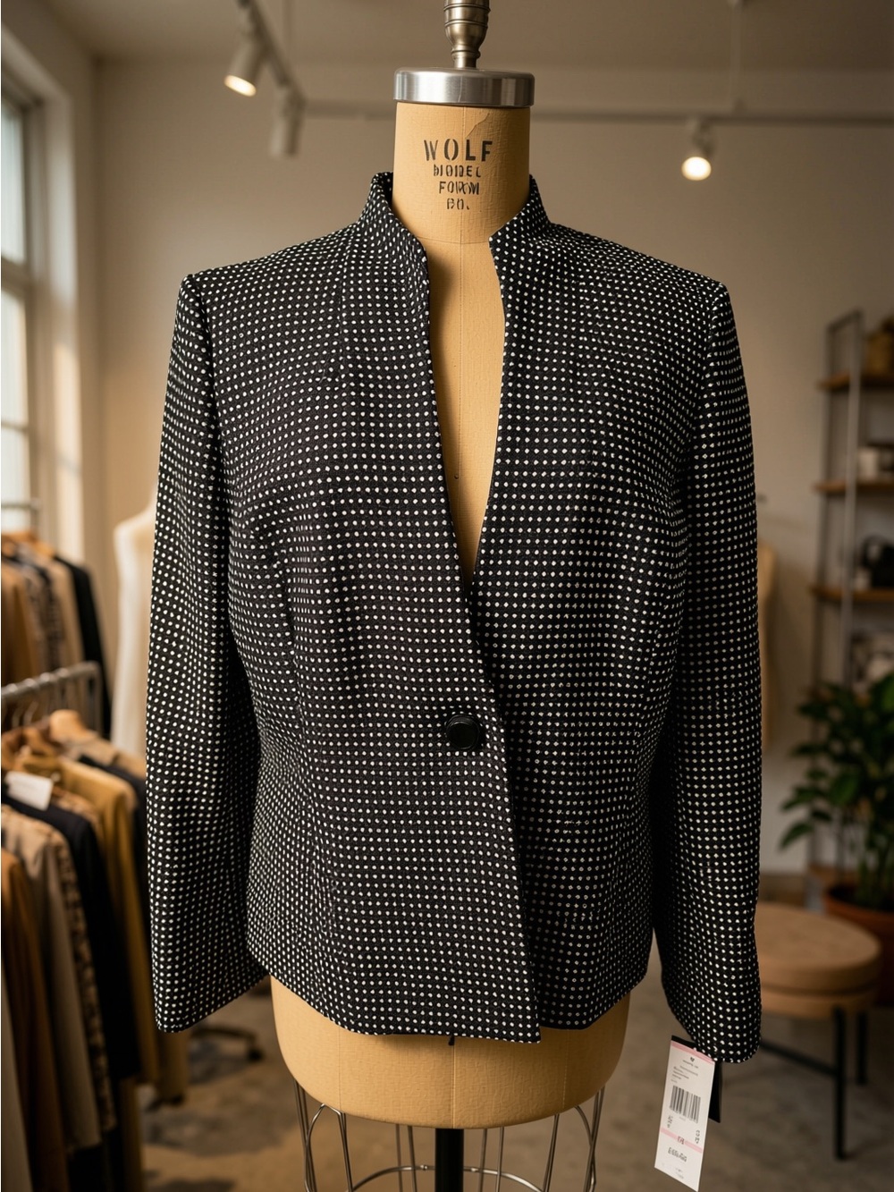 NWT Kasper Black & White Dot-Print Mandarin Collar Prof Wear Blazer Size 10